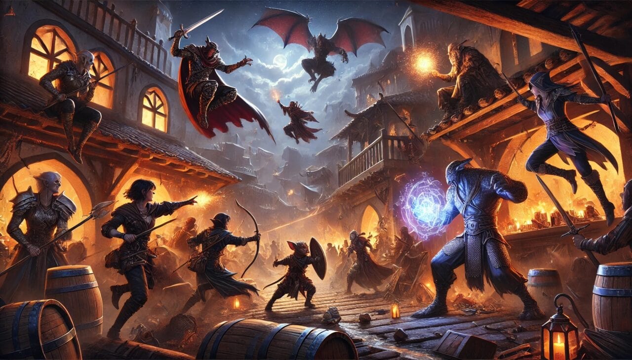 4 DALL·E 2025 01 19 09.05.18 A dynamic and chaotic battle scene in a bustling medieval bazaar. The adventuring party—Boris a Harengon Rogue Edid a Wood Elf Warlock Haru a sma