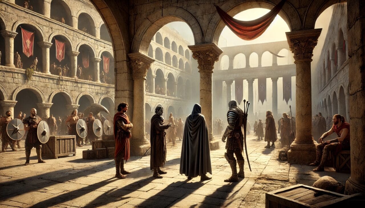 1 DALL·E 2025 02 06 12.44.19 A quiet and focused scene in the open air backstage area of a massive Roman style gladiatorial arena. Sazed a Drow Cleric and Edid a Drow Warlock