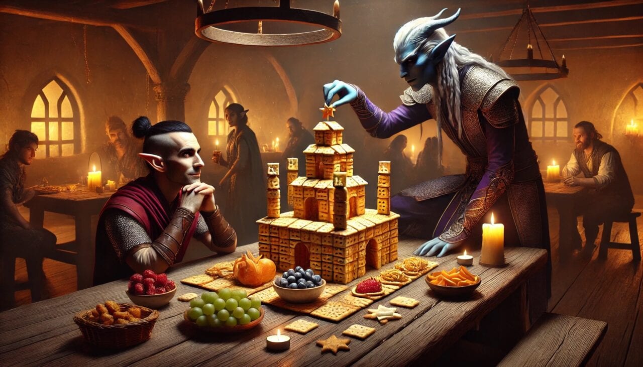 1 DALL·E 2025 02 26 08.44.19 A whimsical and humorous scene where Edid a Drow Warlock carefully arranges a religious tableau made entirely out of snacks on a wooden table inside