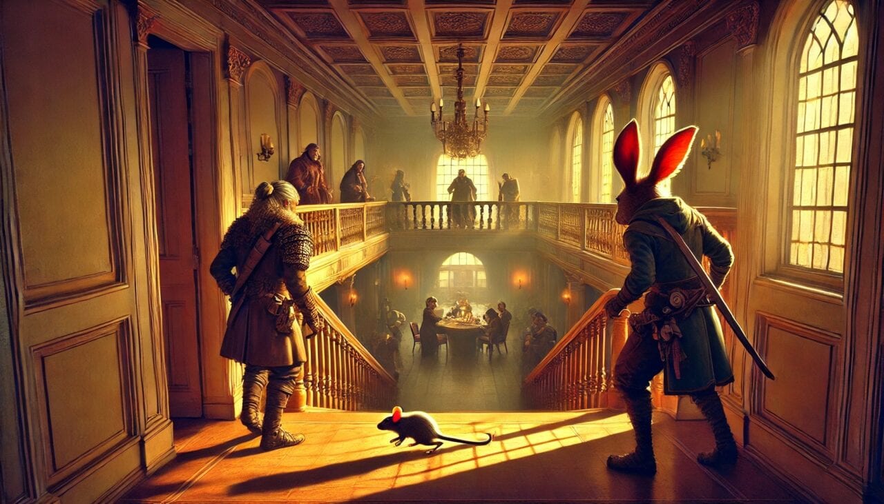 2 DALL·E 2025 02 06 12.43.54 A tense and suspenseful scene inside the upper floors of a grand four story mansion during daytime. Boris a Harengon Rogue with large bunny ears dis