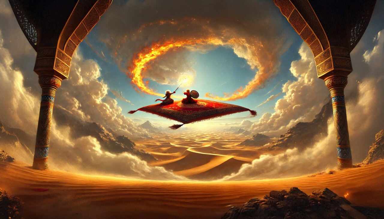 3 DALL·E 2025 02 06 12.43.52 A breathtaking aerial battle taking place high above a vast desert where Haru a small Kobold Paladin fights Reyhanneh Mir atop a flying carpet. The copy