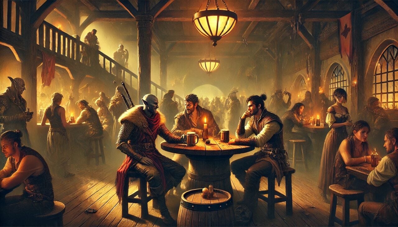 DALL·E 2025 02 15 14.08.42 A lively yet somewhat tense scene inside The Wolf tavern a dimly lit but bustling bar with wooden beams and warm lantern light. Sazed a Drow Cleri