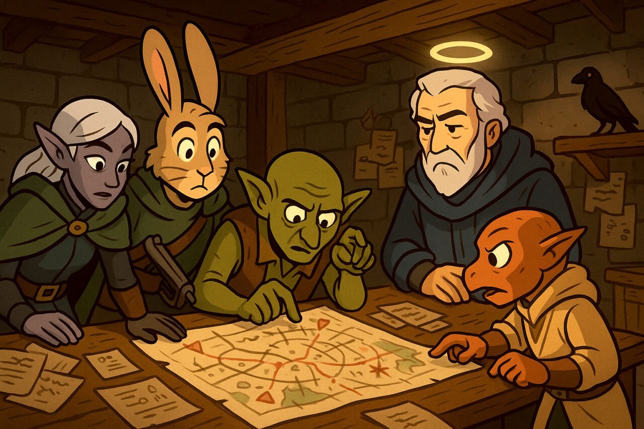 1 Adventurers Study Ancient Map in Chamber lighter