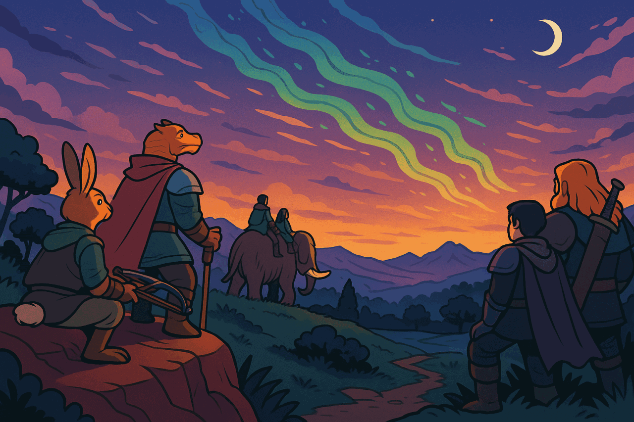 Adventurers Gaze at Twilight Aurora