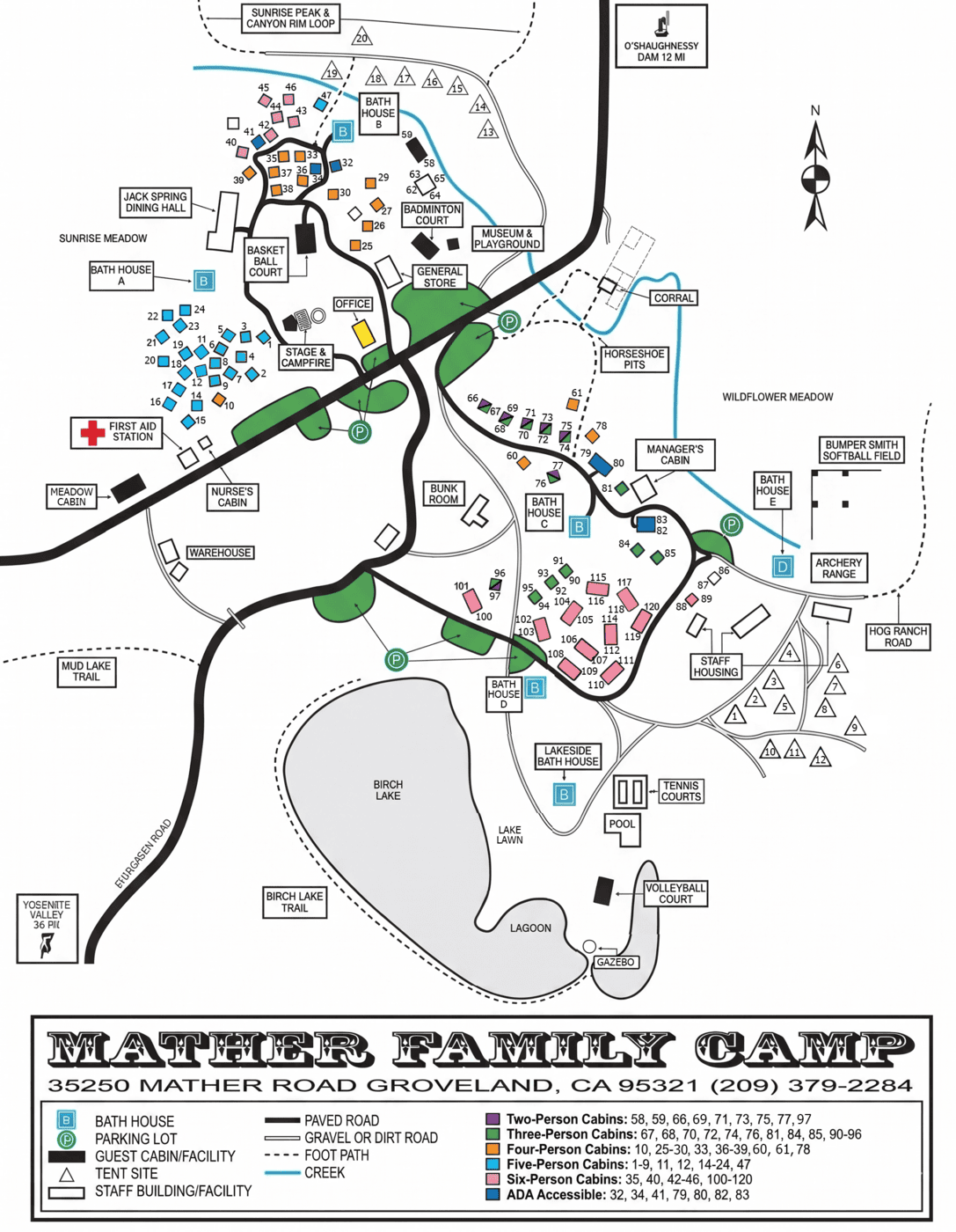 Camp Mather Cabin Map with Color Coded Cabin Sizes