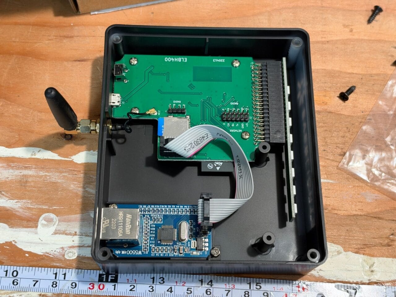 Inside the EverLights bridge: the main board, a W5500 Ethernet module and the microSD slot