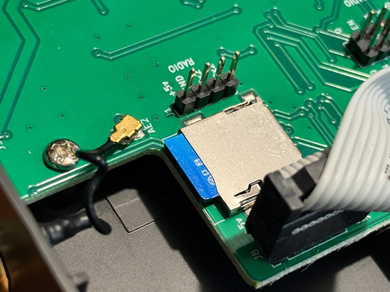 The microSD card in its slot on the EverLights bridge main board