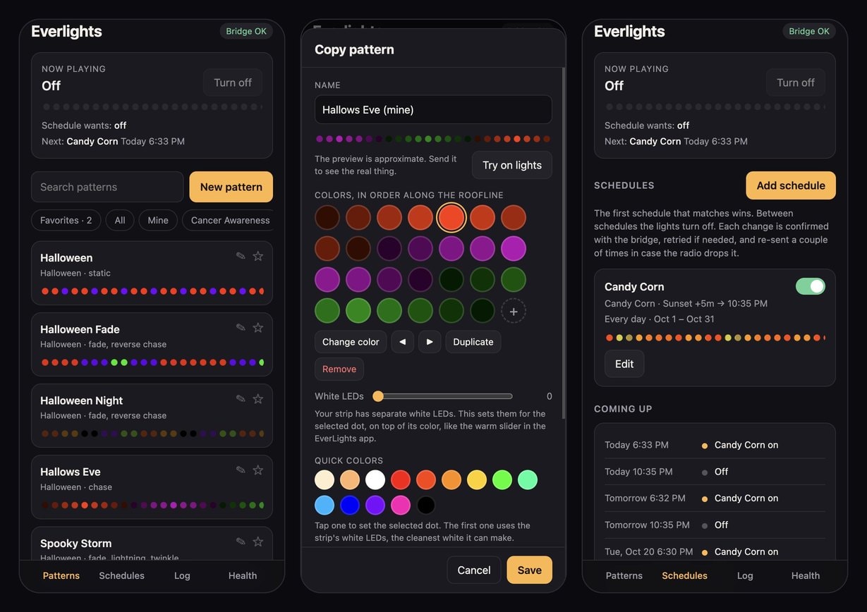 The EverLights web app on an iPhone: the pattern list, the pattern maker and the schedules screen